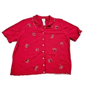 Vtg Embroidered Floral Cardigan Womens 1X Red Short Sleeve Cottagecore Romantic